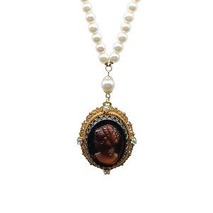 Vintage Cameo Pendant Necklace with Faux Pearl Strand AB Crystals & Ornate Gold-